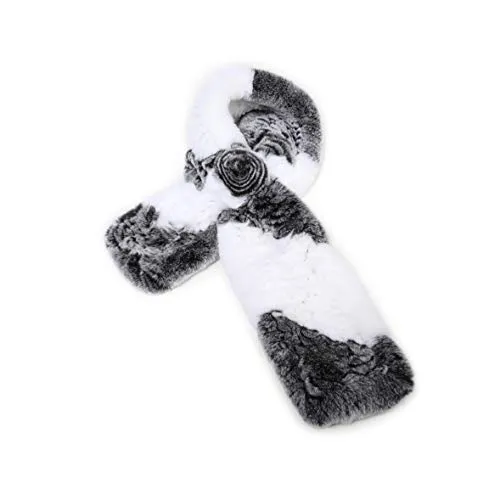 Fur Story Women's Rex Rabbit Fur Scarf Ladies Winter Warm Knitted Flowers Crochet Fashion Scarf Scarves for Women Men(FS19503A-Gray White)