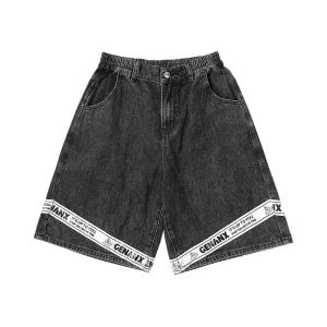 Genanx Gaby Letter Loose Denim Shorts In Dark Grey