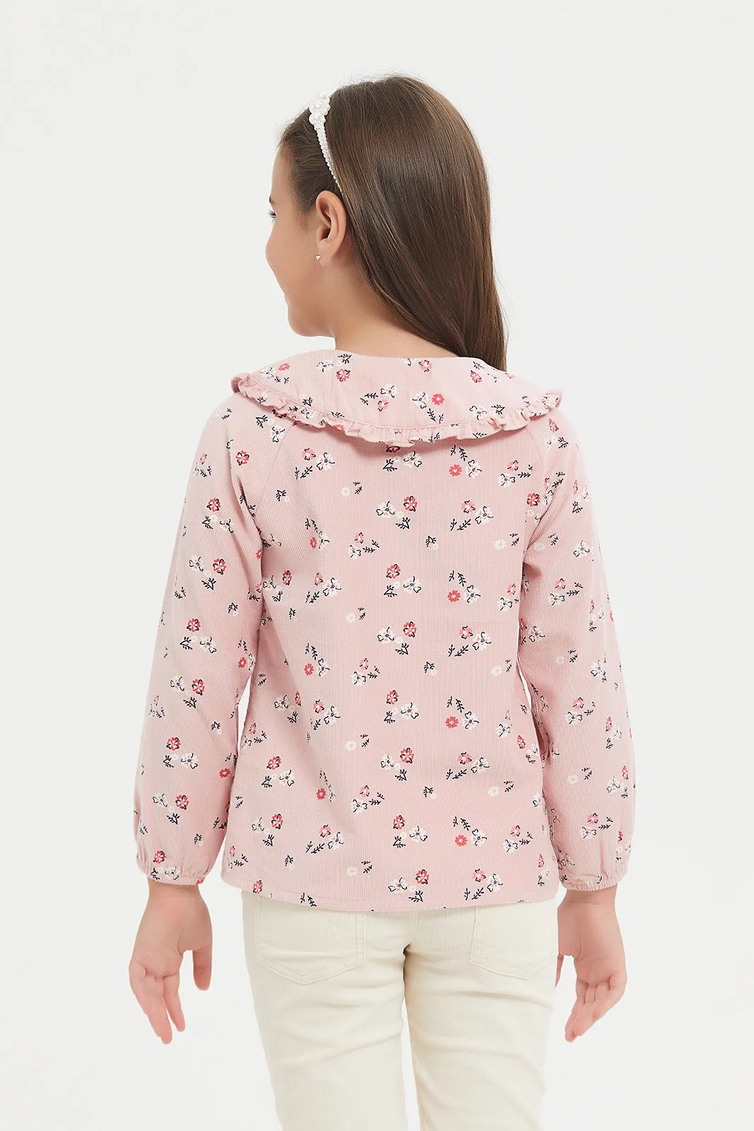 Girls Pink Printed Corduroy Top