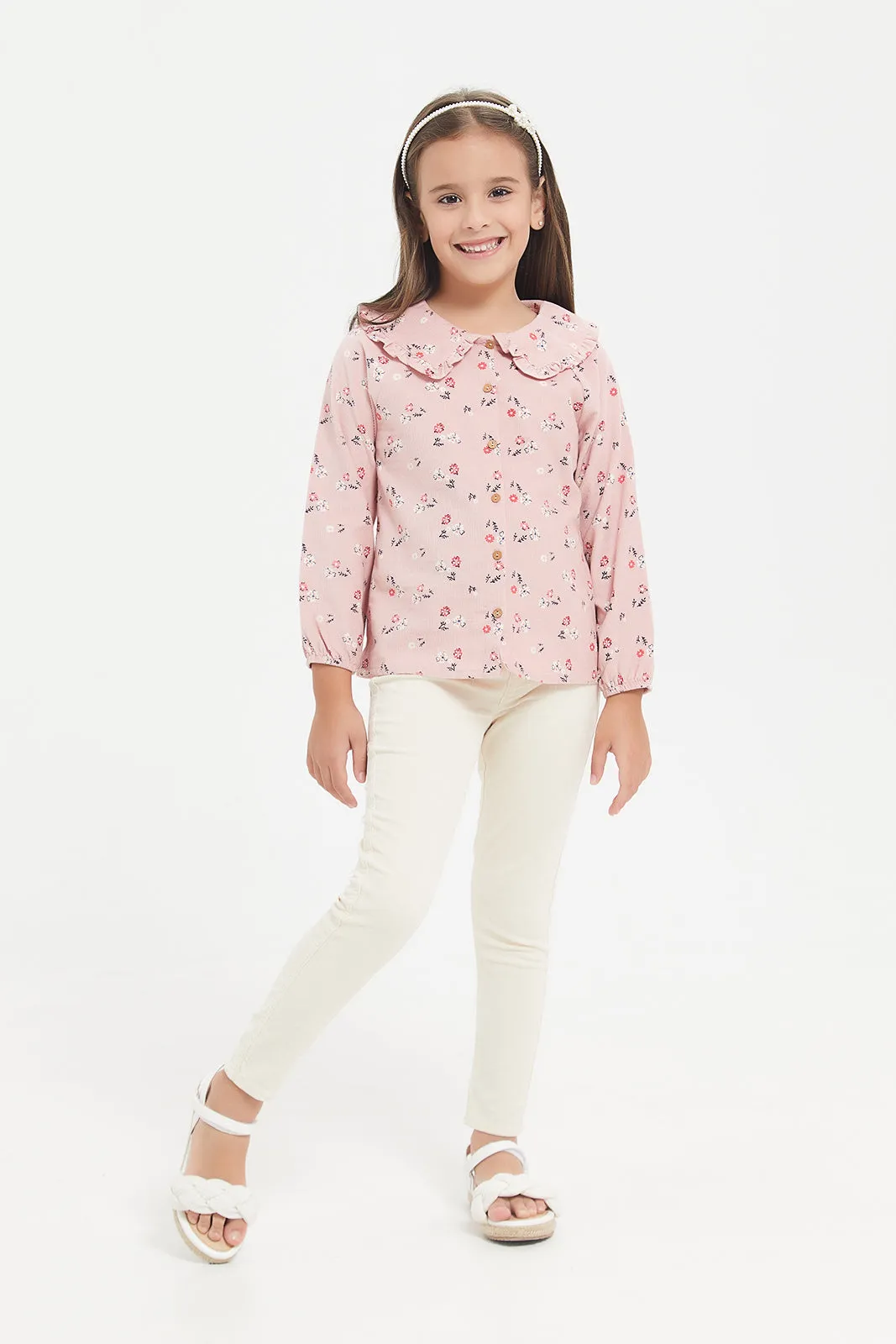 Girls Pink Printed Corduroy Top