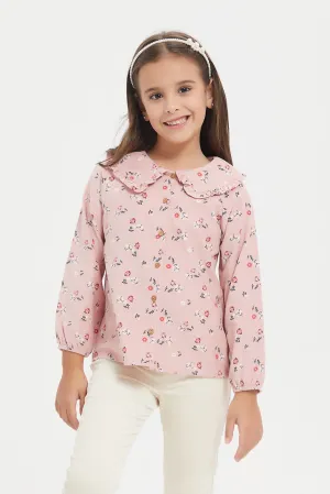 Girls Pink Printed Corduroy Top