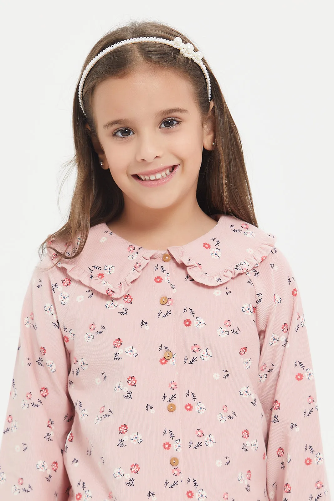 Girls Pink Printed Corduroy Top