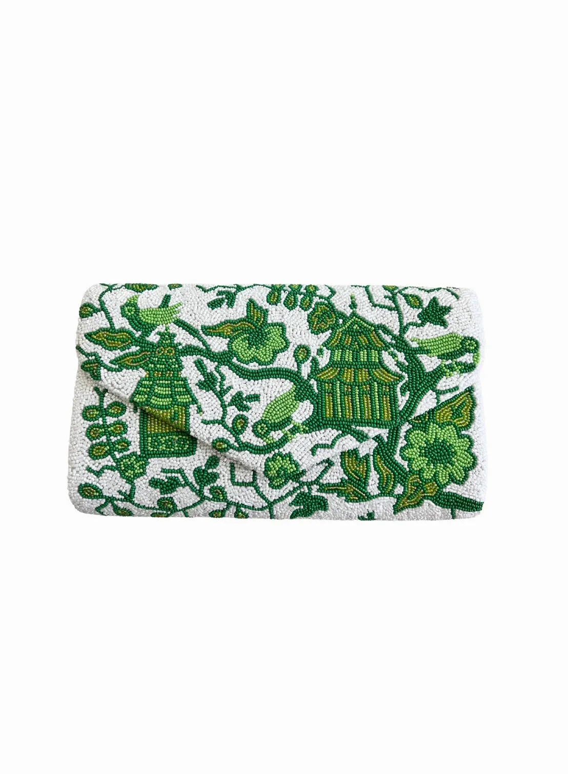 Hand beaded green and white chinoiserie clutch *in stock!*