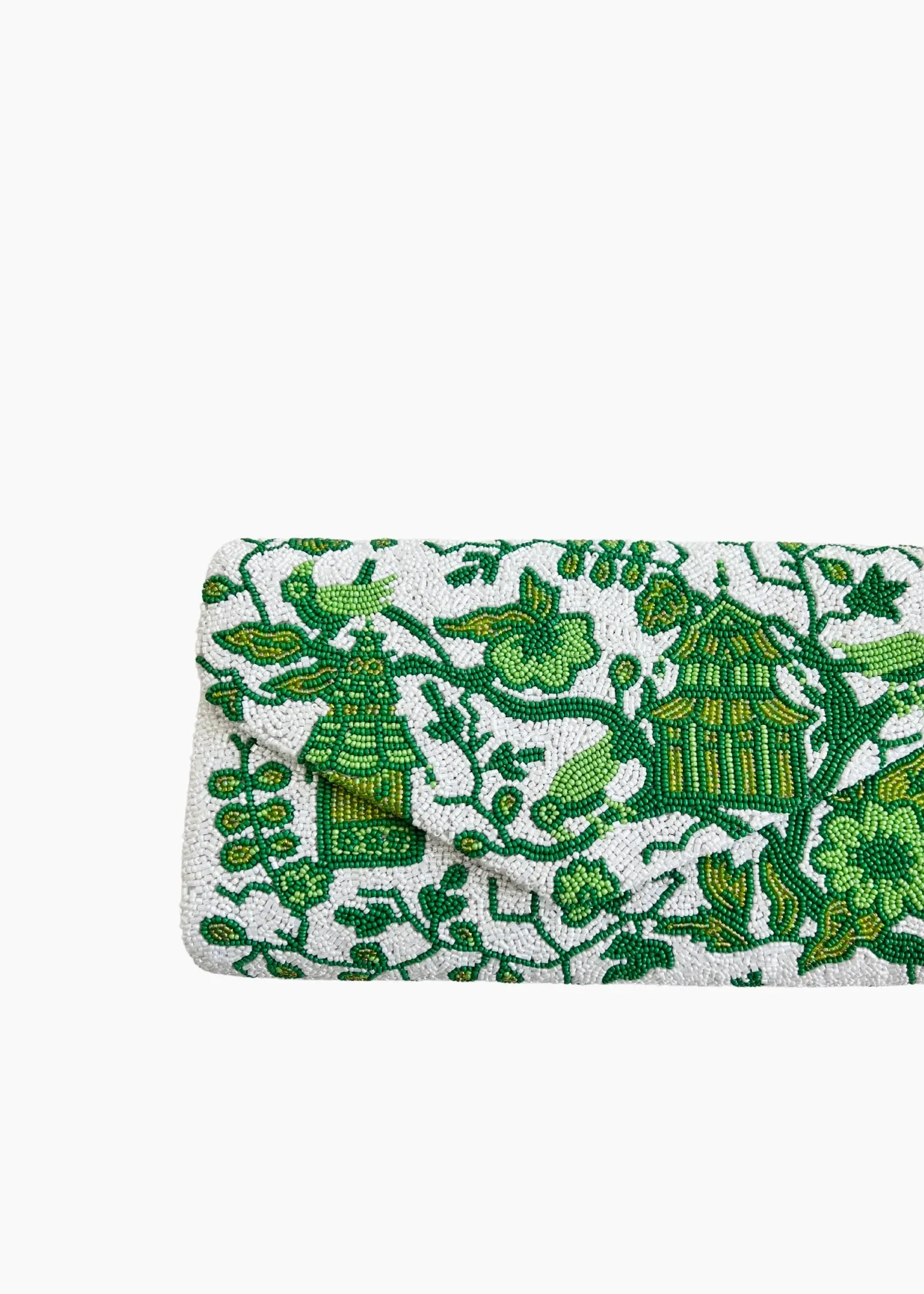 Hand beaded green and white chinoiserie clutch *in stock!*