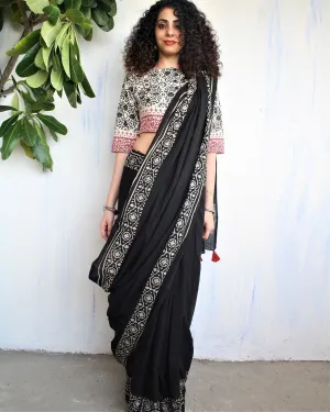 Ivory Black Block Printed Cotton Mul Saree