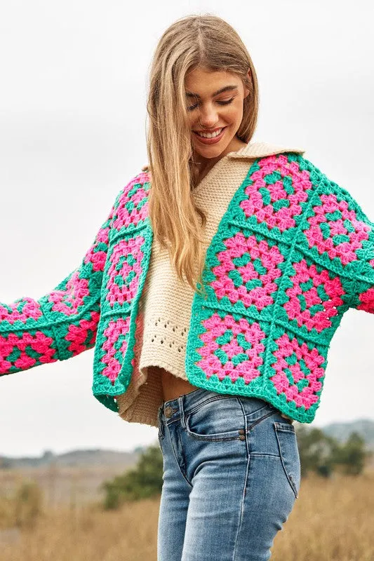 Jackie Two-Tone Floral Square Crochet Open Knit Cardigan