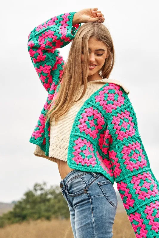 Jackie Two-Tone Floral Square Crochet Open Knit Cardigan