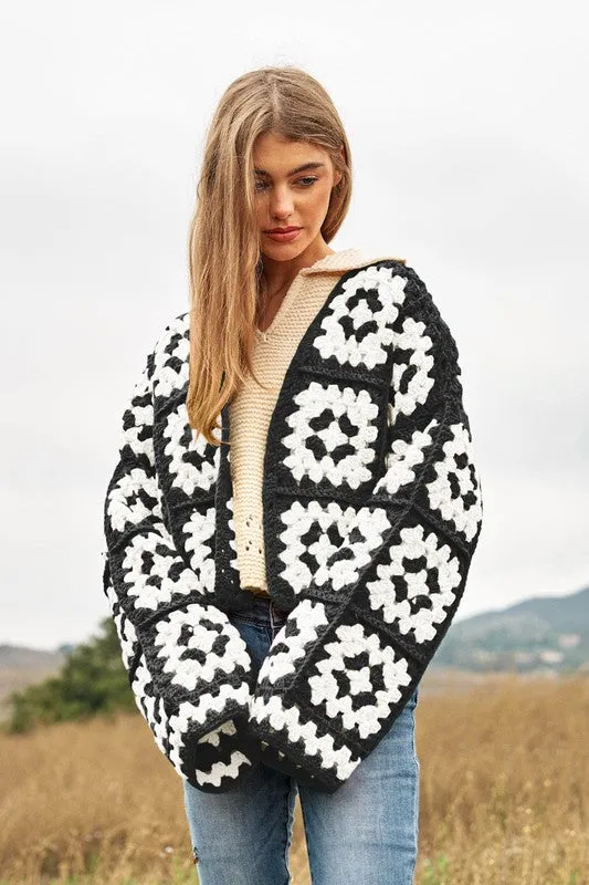 Jackie Two-Tone Floral Square Crochet Open Knit Cardigan