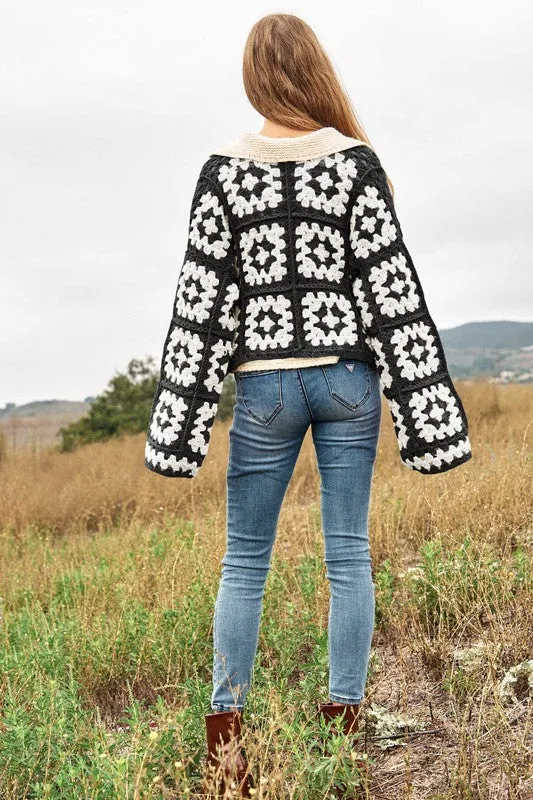 Jackie Two-Tone Floral Square Crochet Open Knit Cardigan