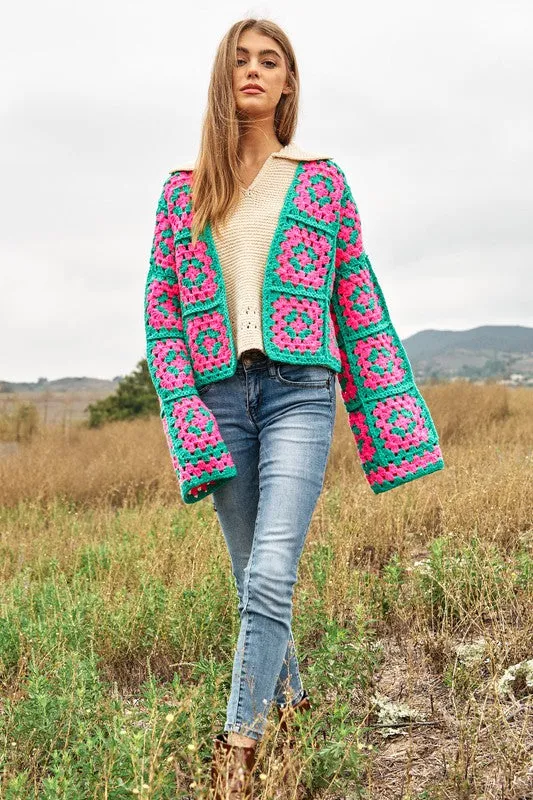 Jackie Two-Tone Floral Square Crochet Open Knit Cardigan