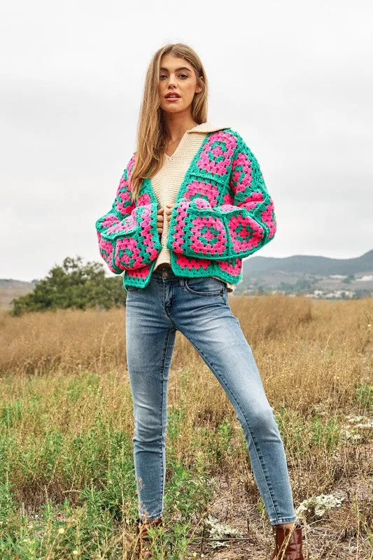 Jackie Two-Tone Floral Square Crochet Open Knit Cardigan