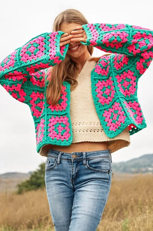 Jackie Two-Tone Floral Square Crochet Open Knit Cardigan