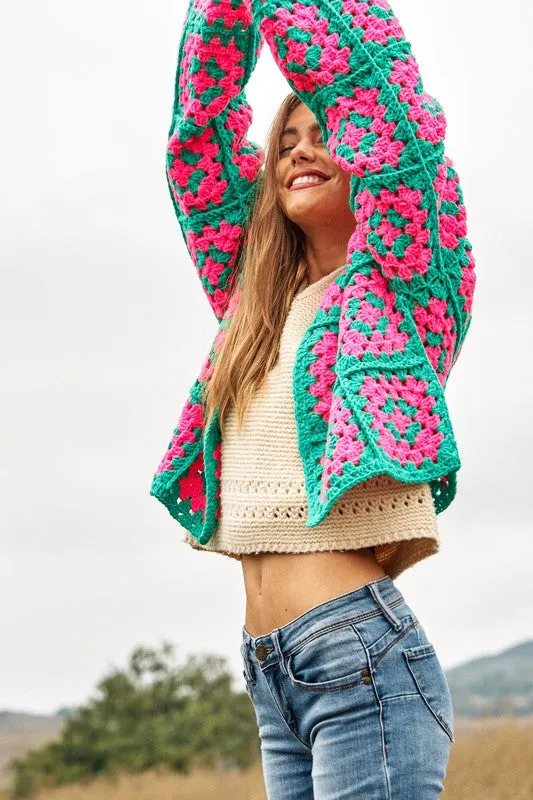 Jackie Two-Tone Floral Square Crochet Open Knit Cardigan