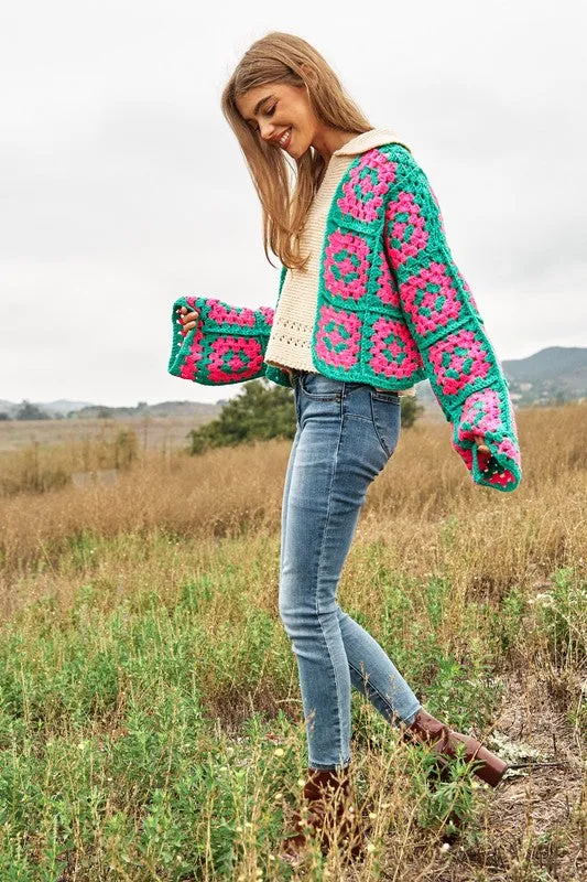 Jackie Two-Tone Floral Square Crochet Open Knit Cardigan