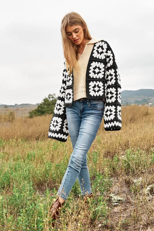 Jackie Two-Tone Floral Square Crochet Open Knit Cardigan