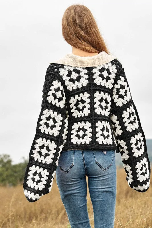 Jackie Two-Tone Floral Square Crochet Open Knit Cardigan