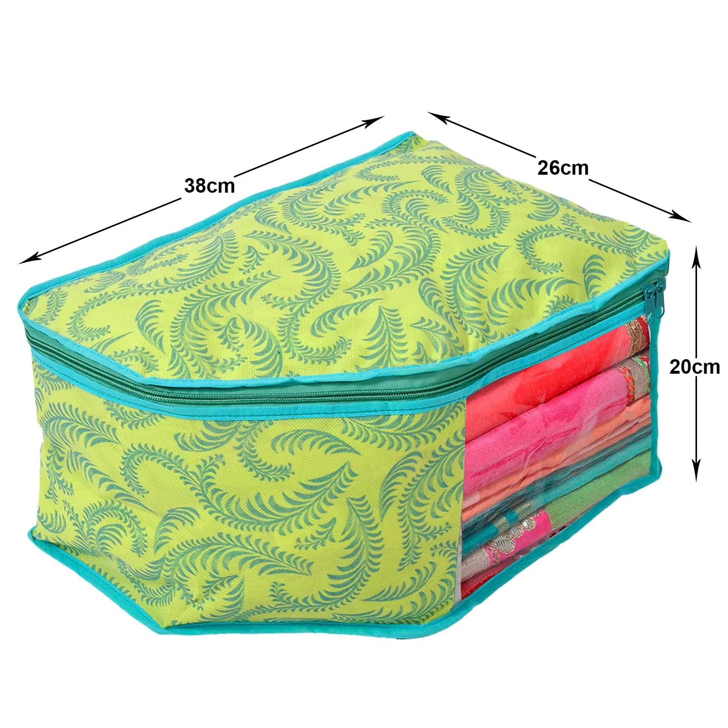 Kuber Industries Leaf Printed Non-Woven Blouse Cover Wardrobe Organiser|Metalic Leaf Print & Front Window|Zipper closure|Size 38 x 26 x 20 CM|Pack of 3 (Green)-44KM0529