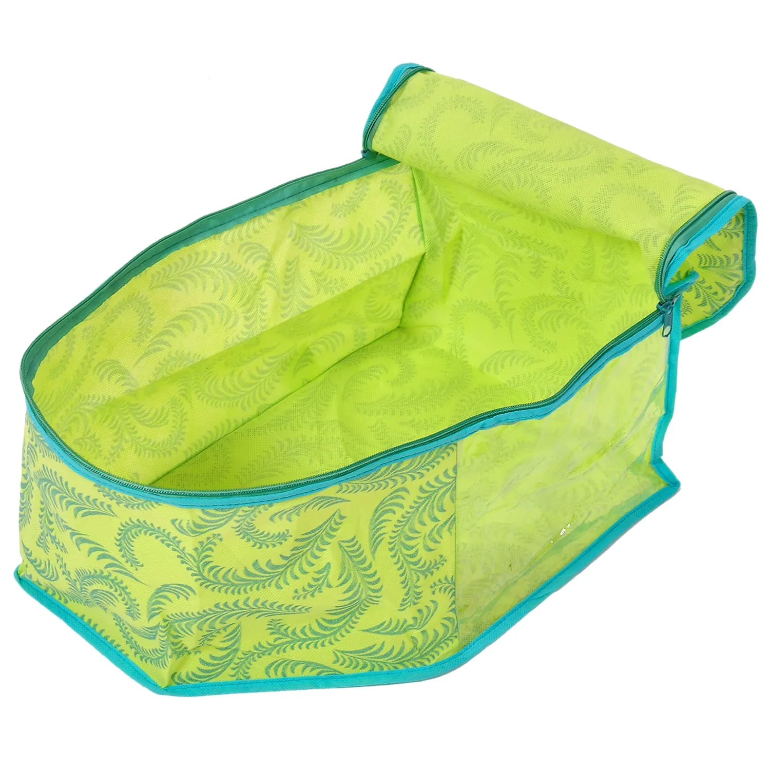 Kuber Industries Leaf Printed Non-Woven Blouse Cover Wardrobe Organiser|Metalic Leaf Print & Front Window|Zipper closure|Size 38 x 26 x 20 CM|Pack of 3 (Green)-44KM0529