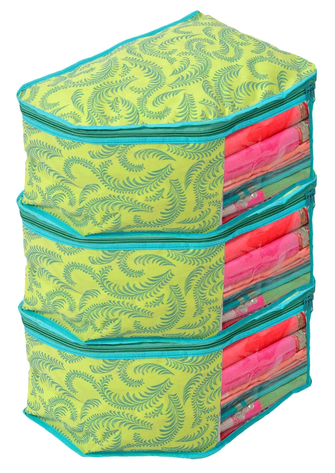 Kuber Industries Leaf Printed Non-Woven Blouse Cover Wardrobe Organiser|Metalic Leaf Print & Front Window|Zipper closure|Size 38 x 26 x 20 CM|Pack of 3 (Green)-44KM0529