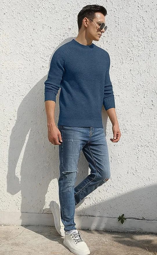 Men's Crewneck Casual Sweater Structured Knit Pullover - Blue