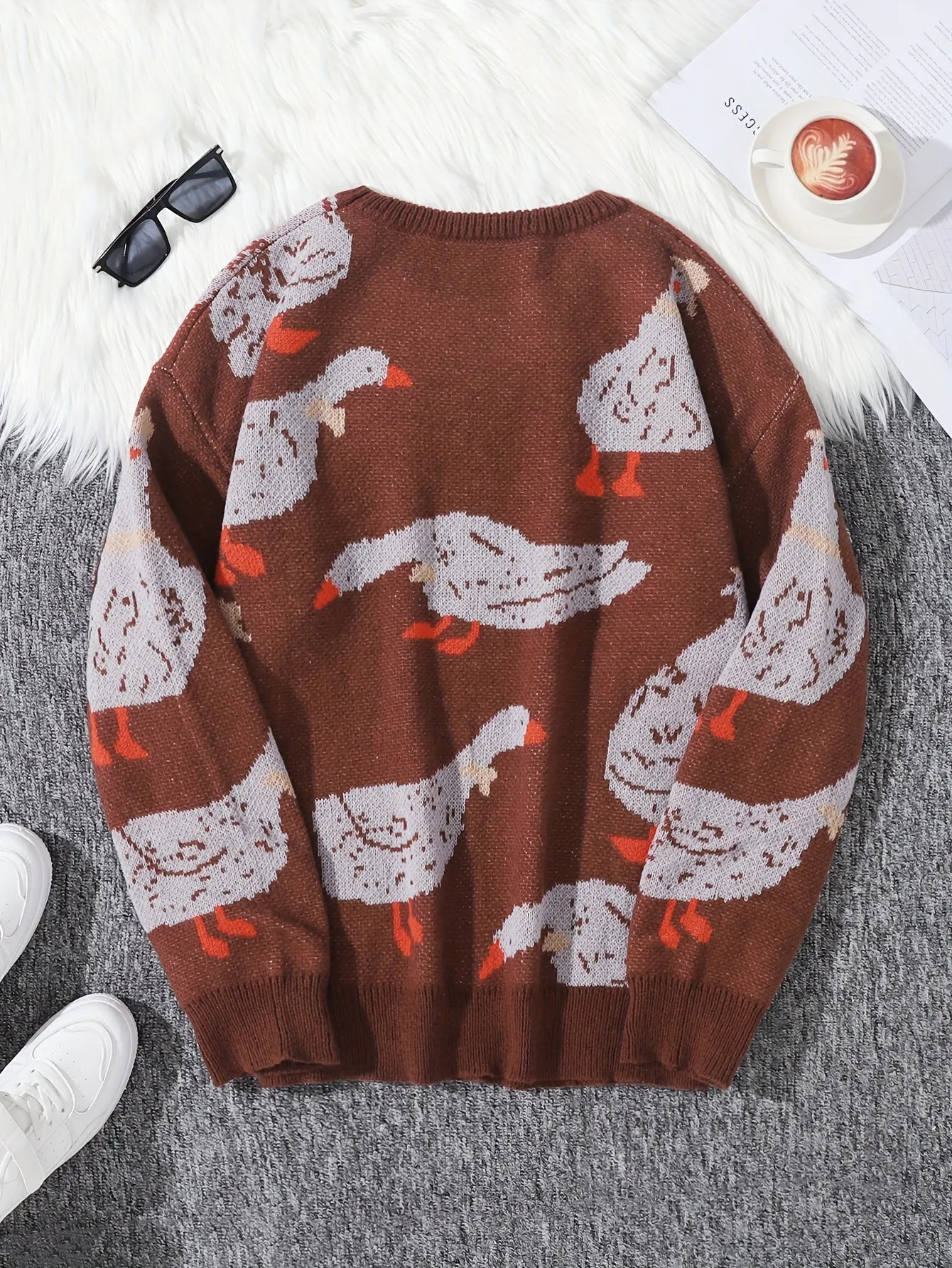 Mens Long Sleeve Cartoon Goose Pattern Crew Neck Sweater - Soft Slight Stretch Polyester Fabric, Regular Fit, Hand Washable - Perfect for Casual Daily Wear in Spring and Fall