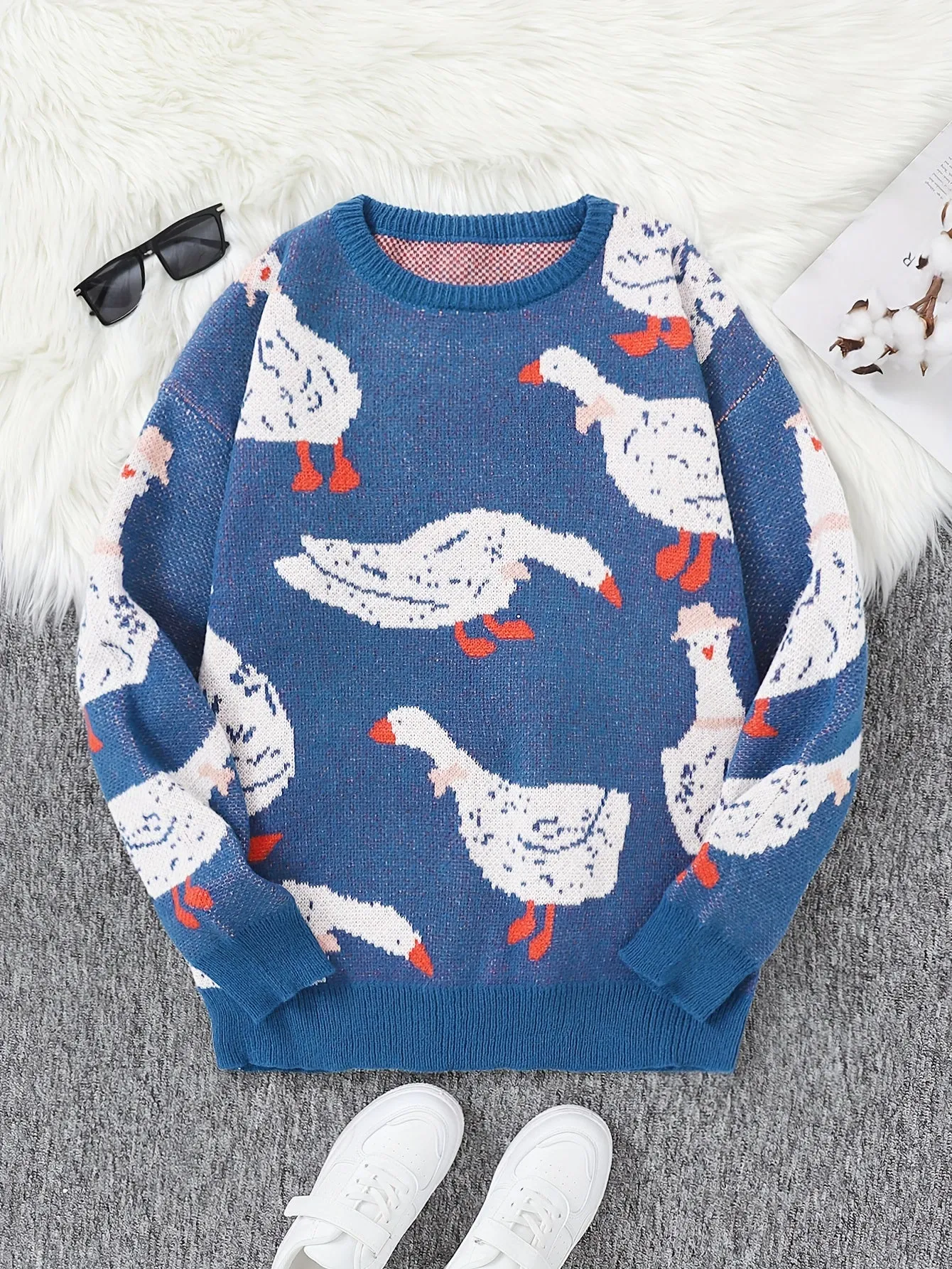 Mens Long Sleeve Cartoon Goose Pattern Crew Neck Sweater - Soft Slight Stretch Polyester Fabric, Regular Fit, Hand Washable - Perfect for Casual Daily Wear in Spring and Fall