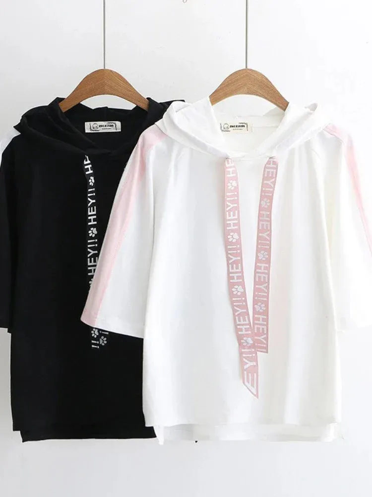 Metaversmall T shirt women black hooded t-shirt harajuku casual drawstring solid short sleeve cotton top streetwear bbf tshirts