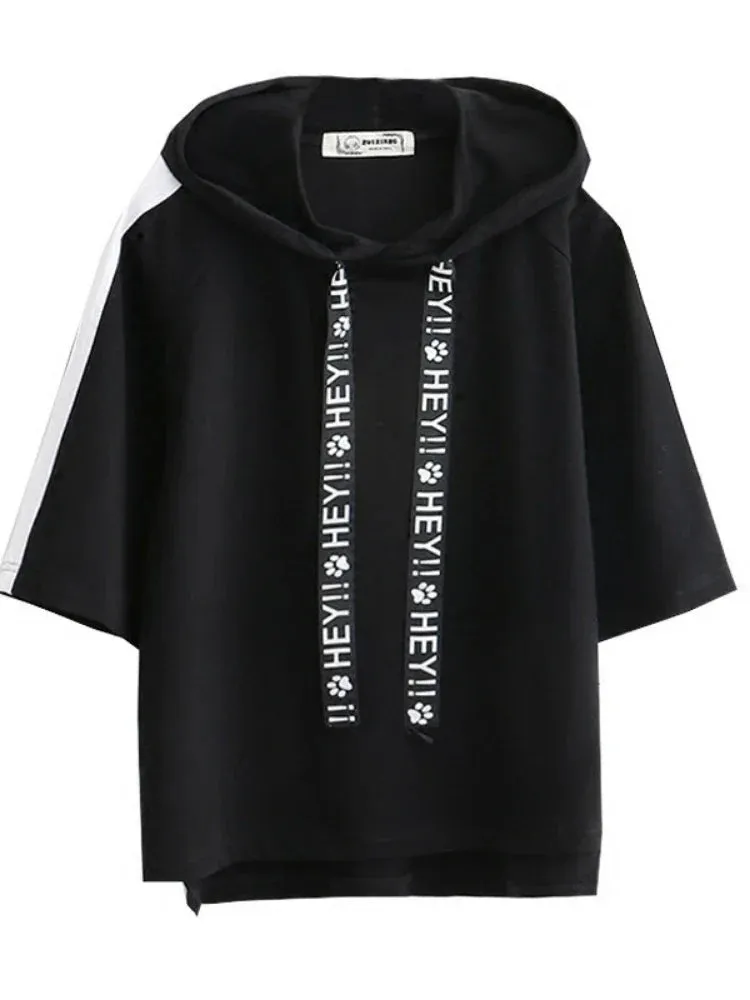 Metaversmall T shirt women black hooded t-shirt harajuku casual drawstring solid short sleeve cotton top streetwear bbf tshirts