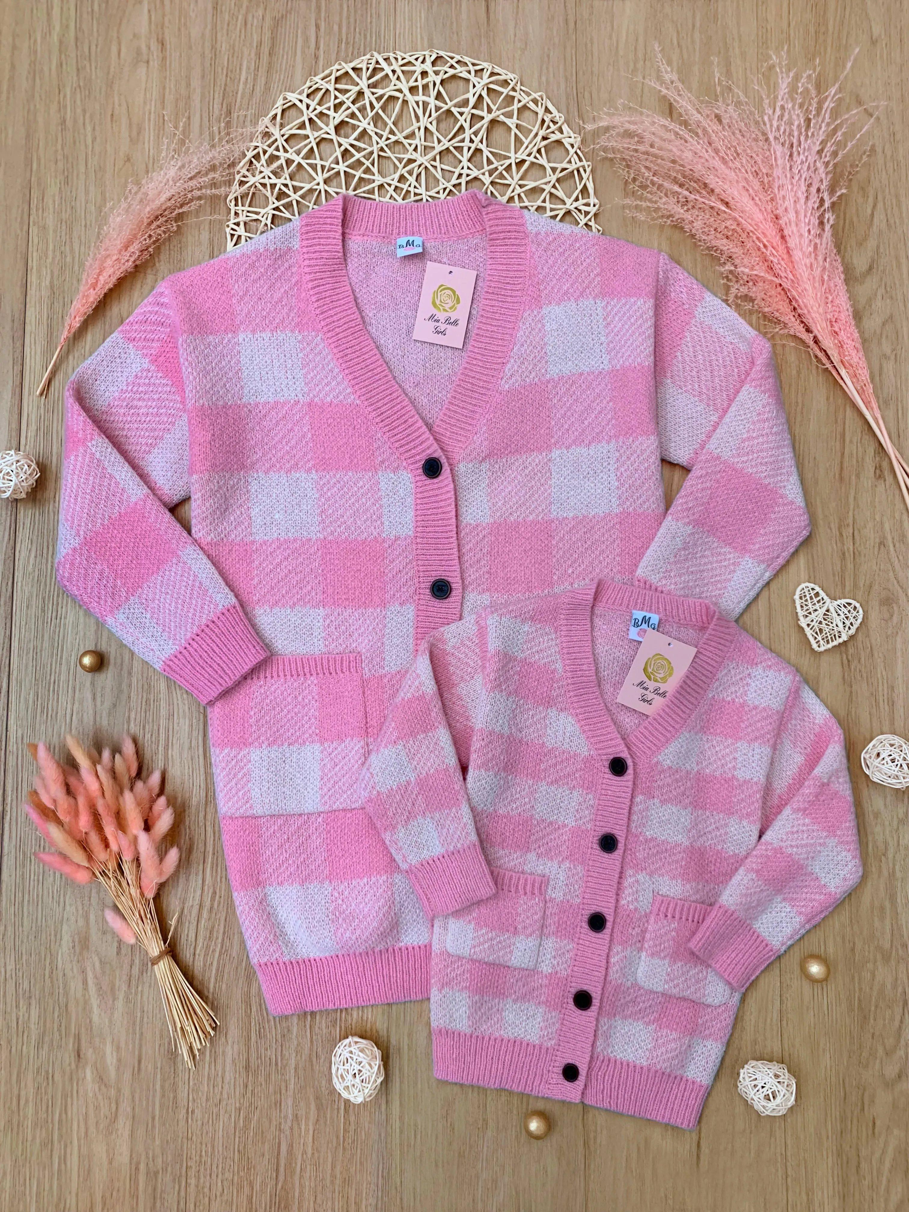 Mommy and Me Pink and White Checkered Oversized Cardigan