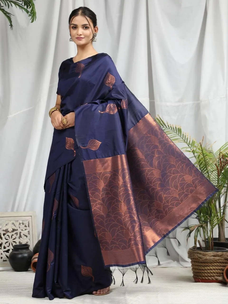 Navy Blue Leaf Soft Silk  Saree