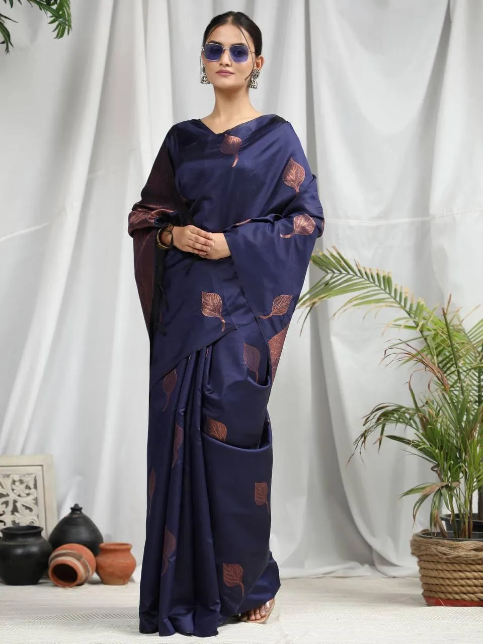 Navy Blue Leaf Soft Silk  Saree