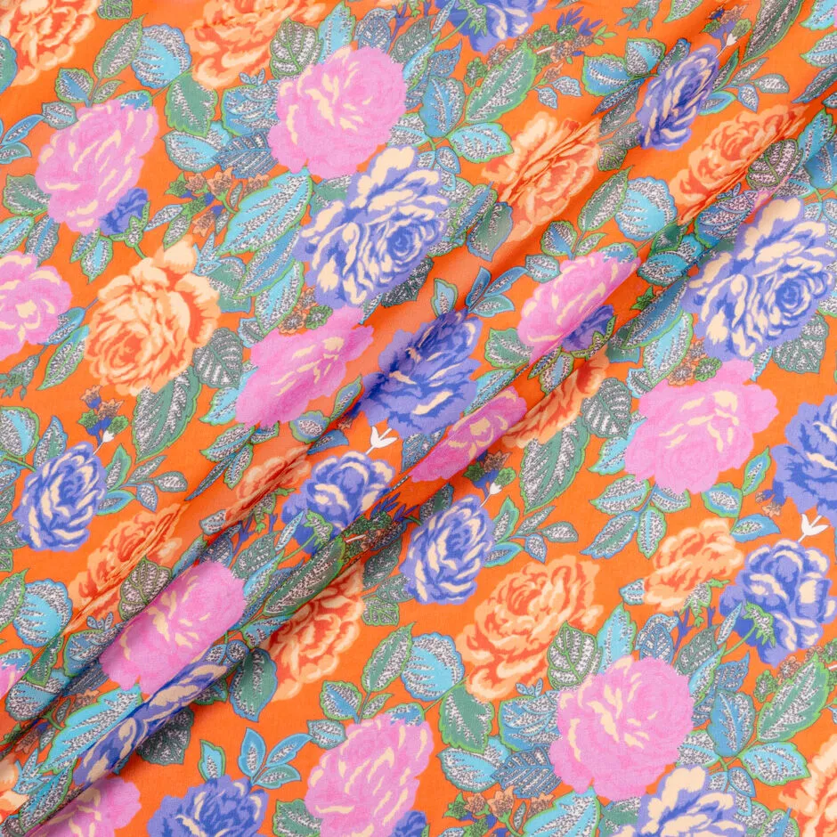 Pink & Periwinkle Rose Printed Orange Silk Georgette