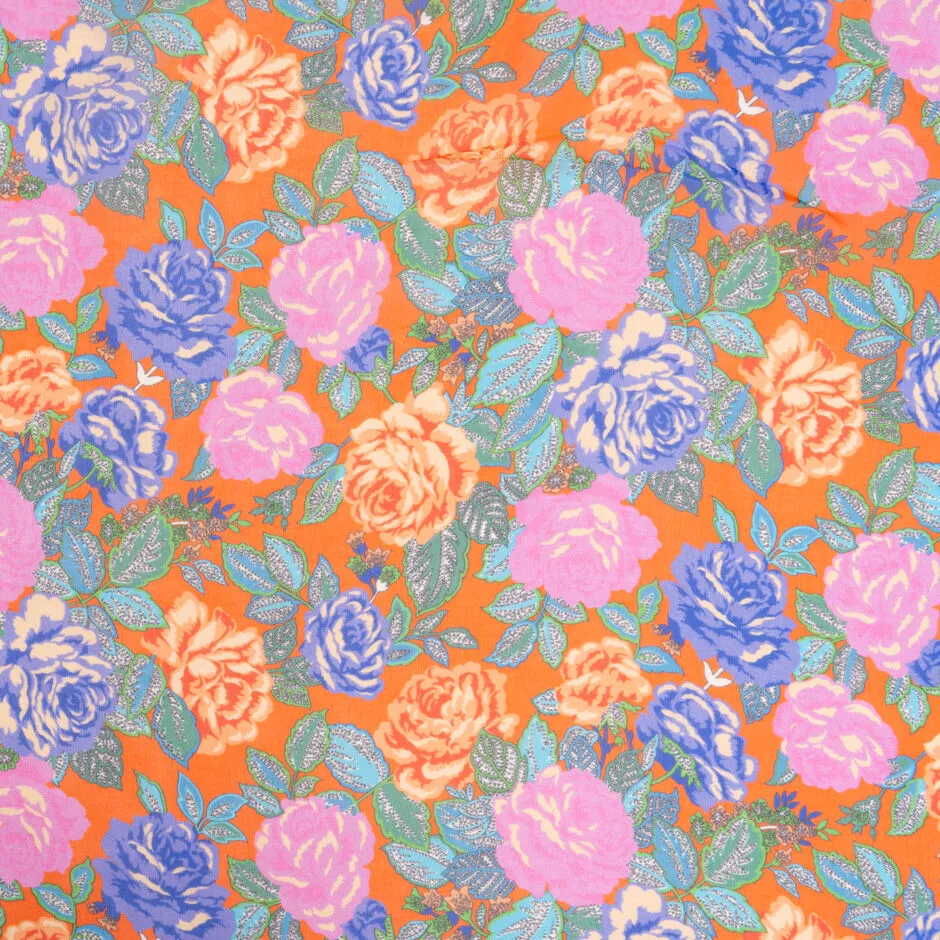 Pink & Periwinkle Rose Printed Orange Silk Georgette