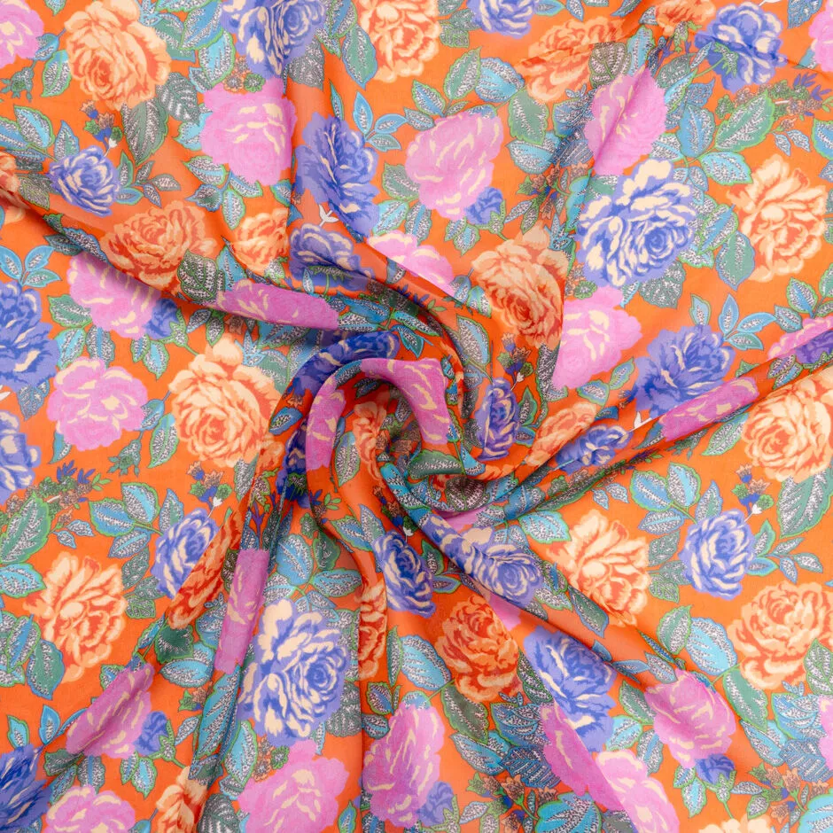 Pink & Periwinkle Rose Printed Orange Silk Georgette