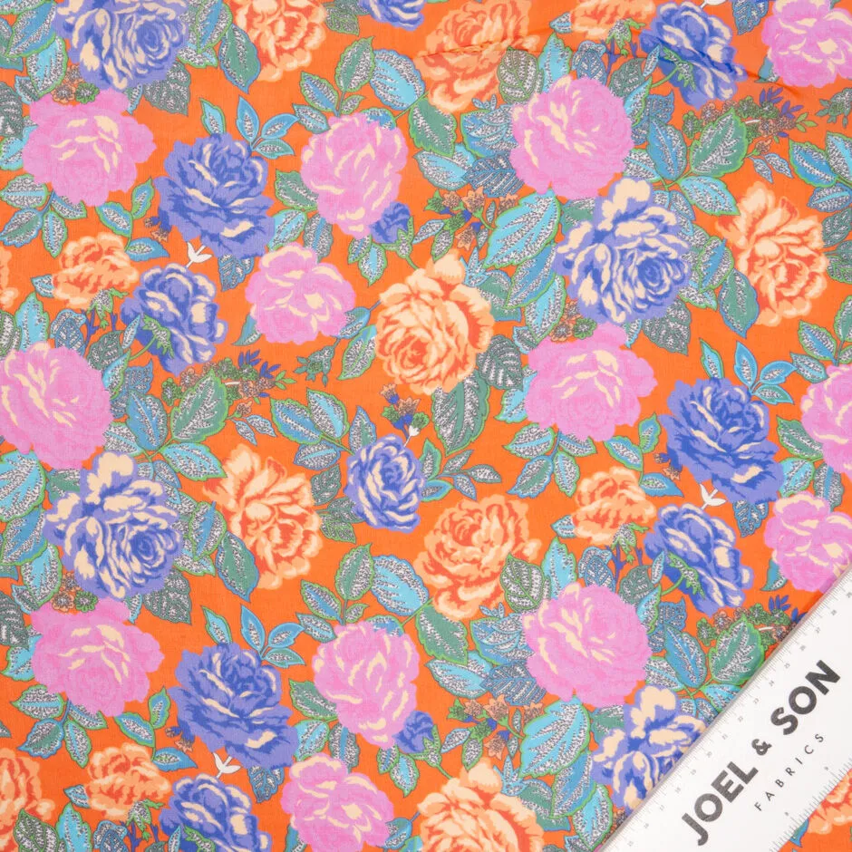 Pink & Periwinkle Rose Printed Orange Silk Georgette