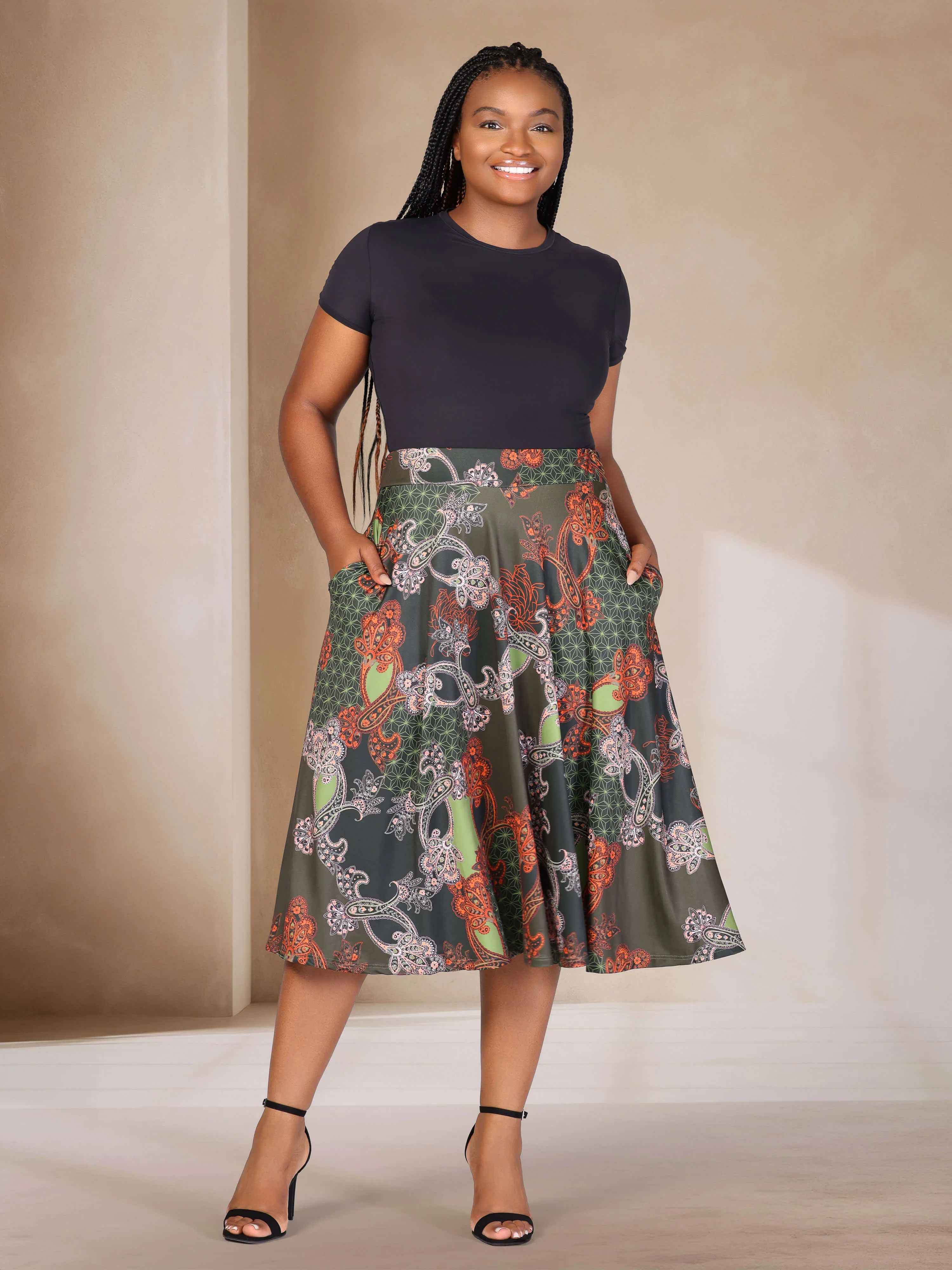 Plus Size Green Print Elastic Waist Pocket Midi Skirt