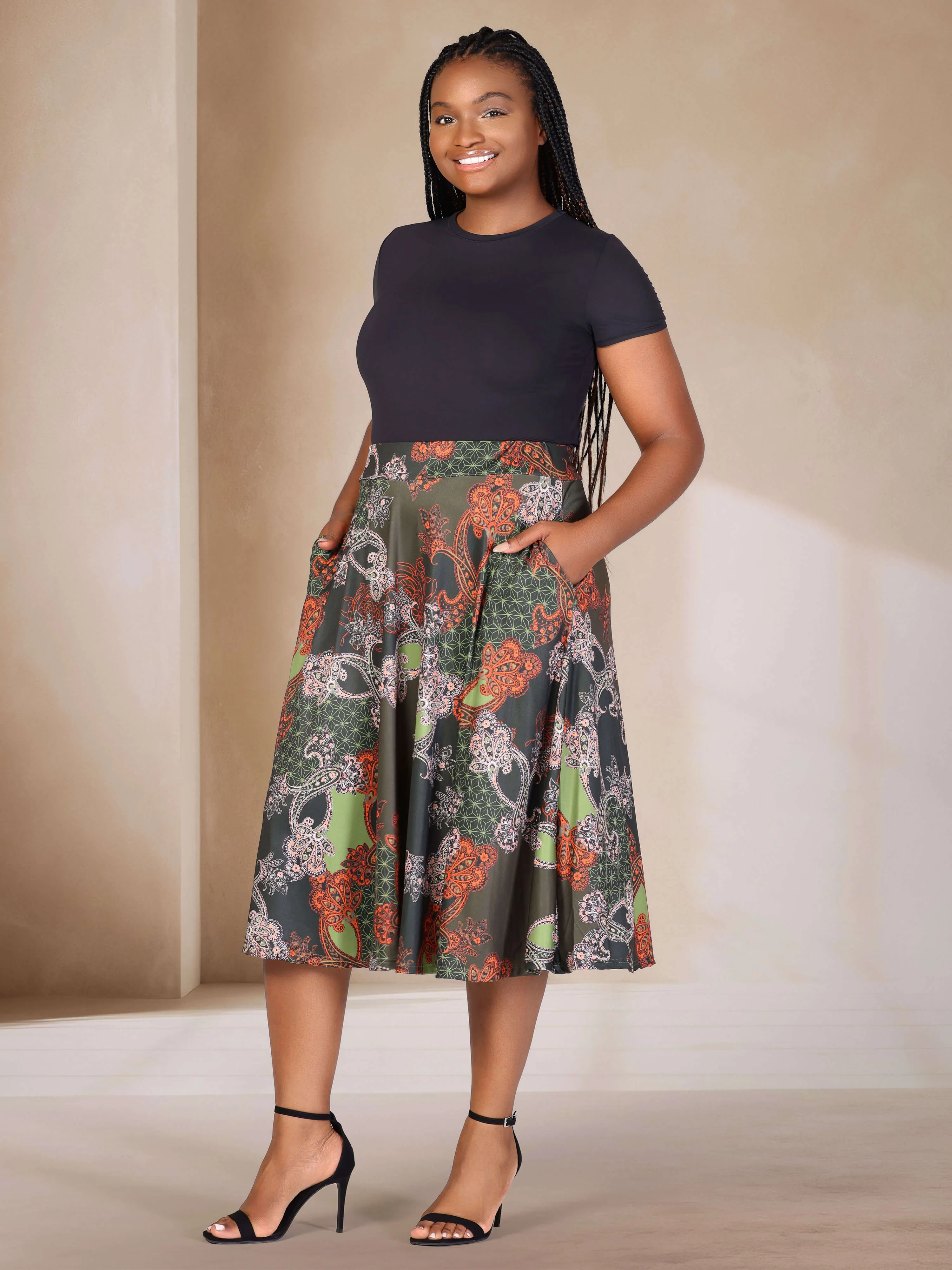 Plus Size Green Print Elastic Waist Pocket Midi Skirt