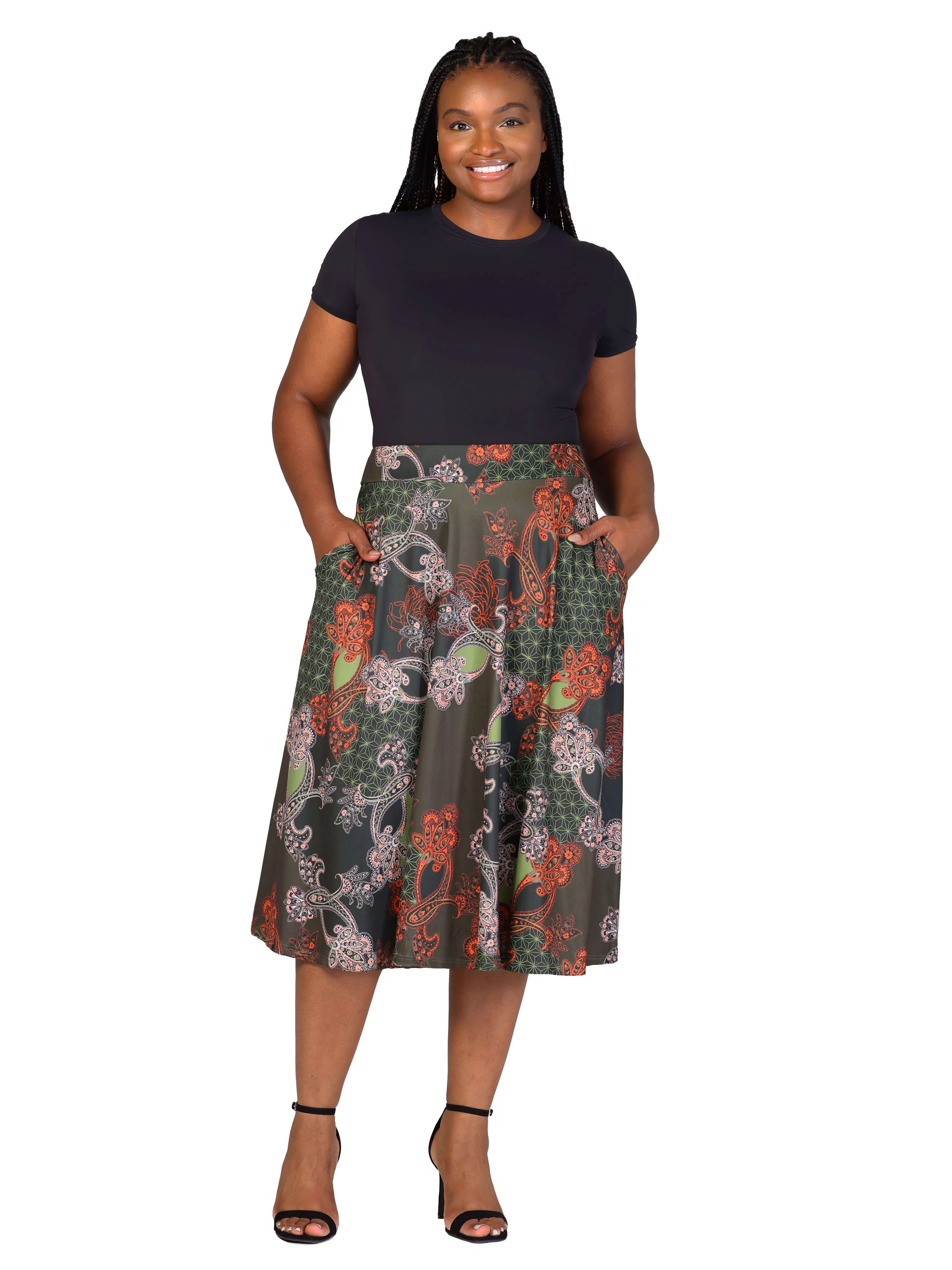 Plus Size Green Print Elastic Waist Pocket Midi Skirt