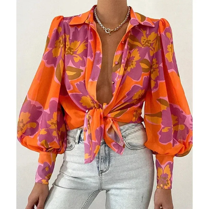 Printed Elegant Button Sleeve Up Long Sleeve Fashionable Lady Office Lantern Top