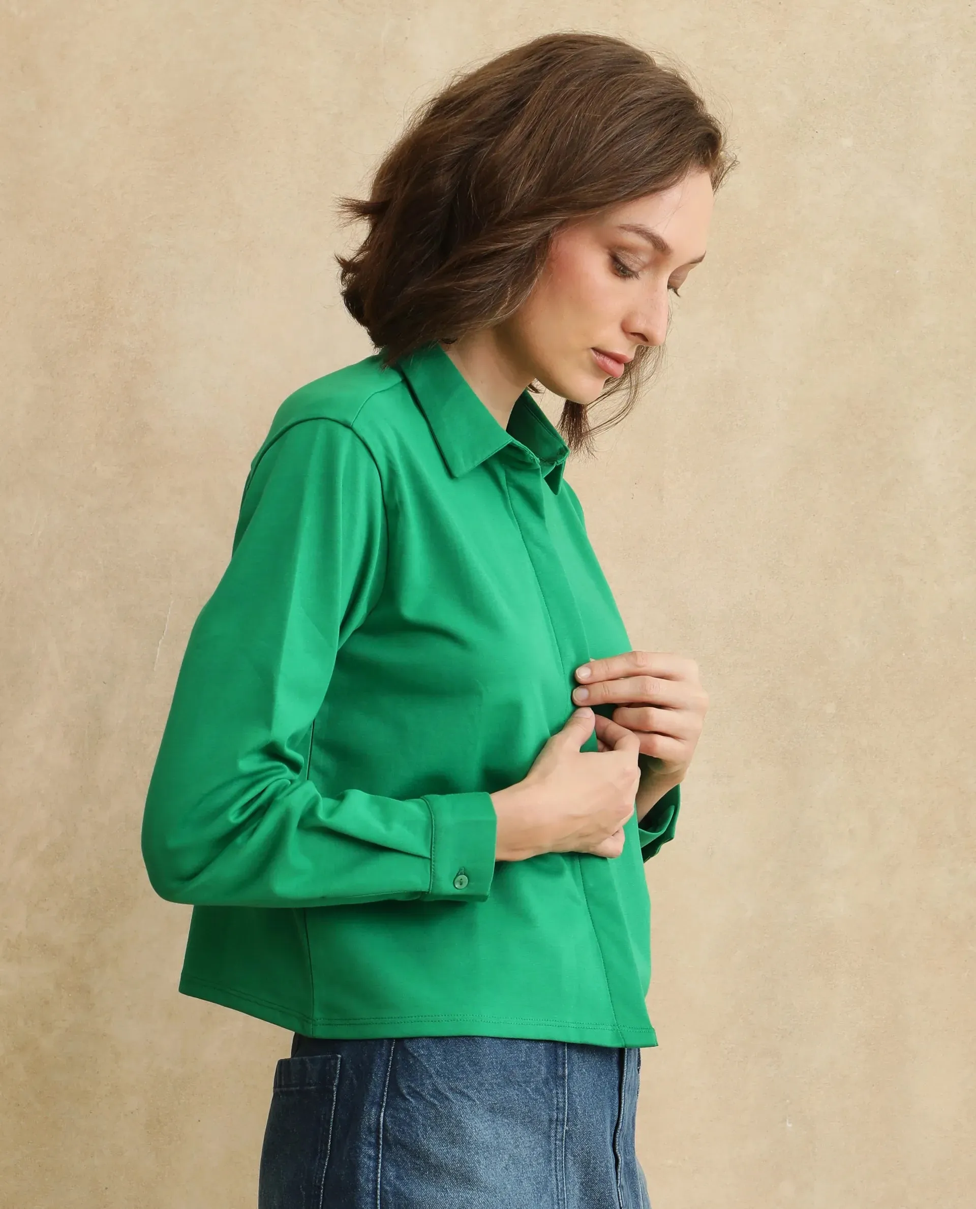 Rareism Women Ellery Green Cotton Blend Fabric Full Sleeve Collared Neck Button Closure Plain Shirt