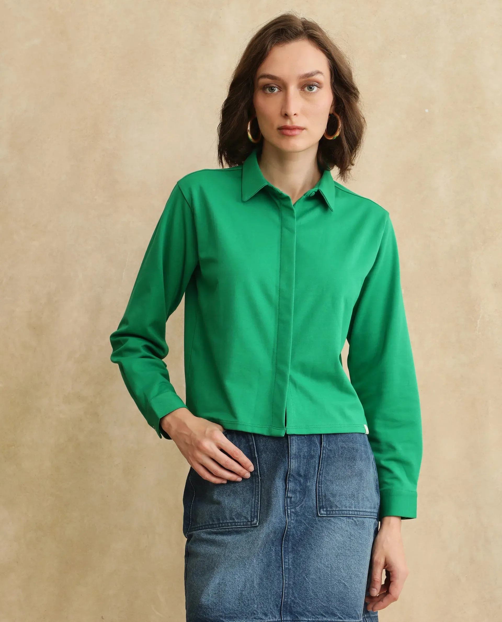 Rareism Women Ellery Green Cotton Blend Fabric Full Sleeve Collared Neck Button Closure Plain Shirt