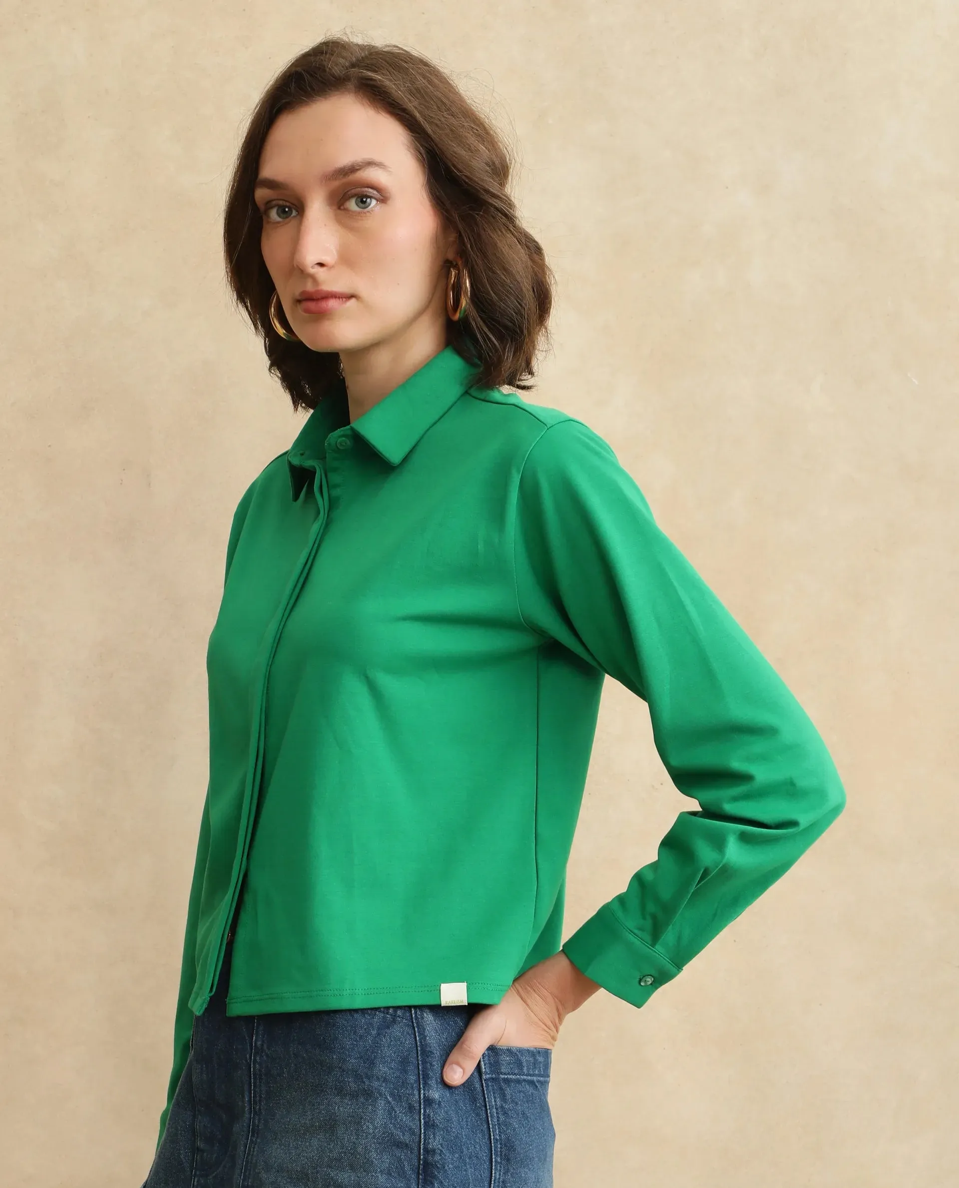 Rareism Women Ellery Green Cotton Blend Fabric Full Sleeve Collared Neck Button Closure Plain Shirt