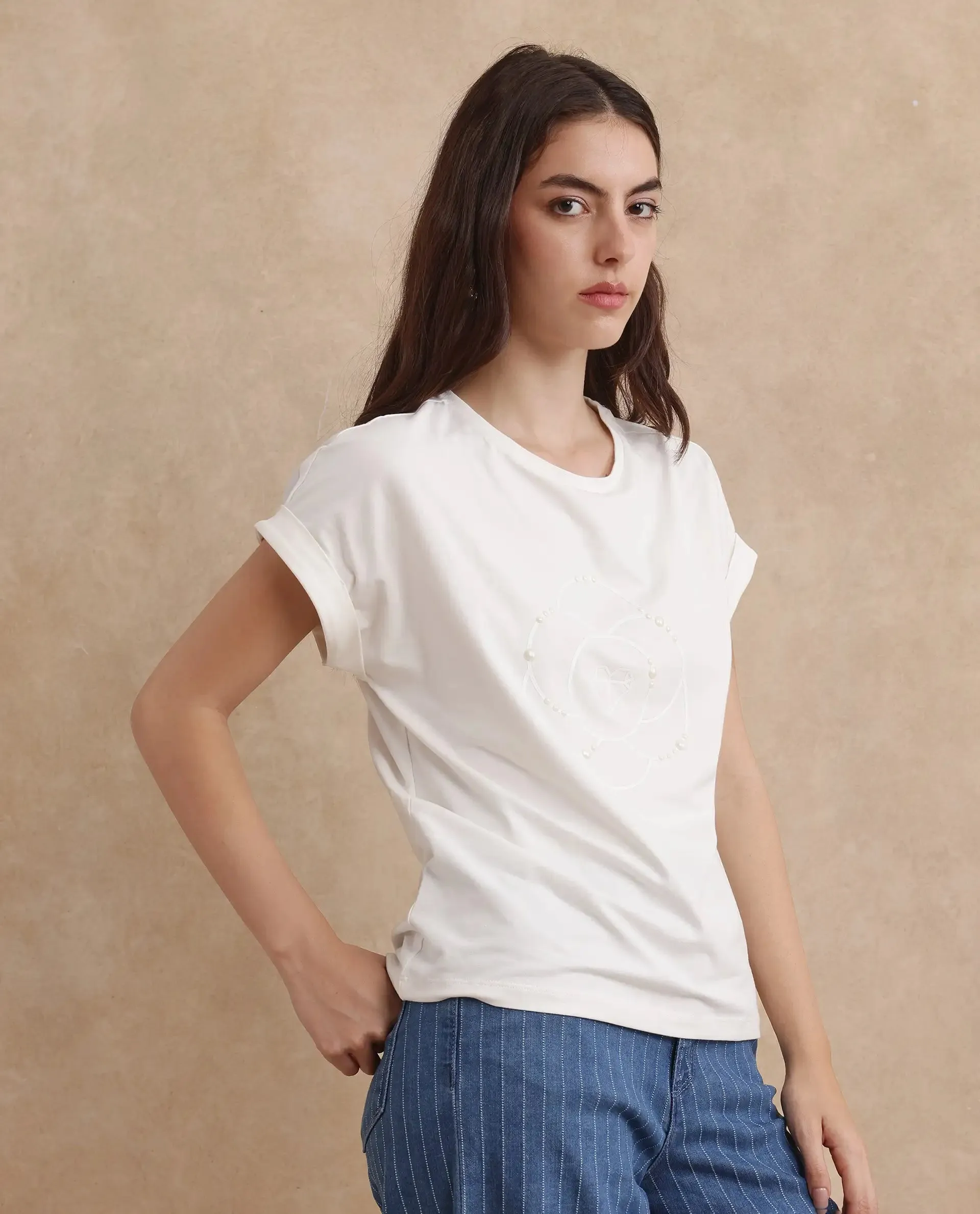 Rareism Women Rosi Off White Cotton Lycra Fabric Short Sleeve Crew Neck Plain T-Shirt