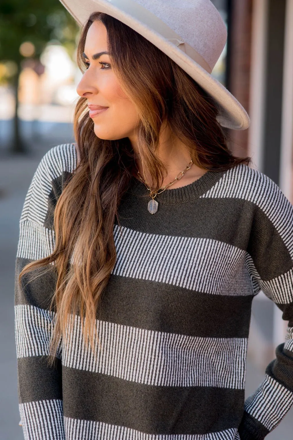 Rib Trimmed Stitched Line Sweater