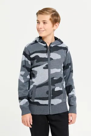 Senior Boys Grey Hooded Camo Cardigan