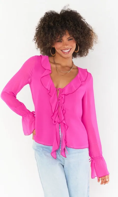 Show Me Your Mumu Adela Ruffle Top in Pink Crinkled Chiffon