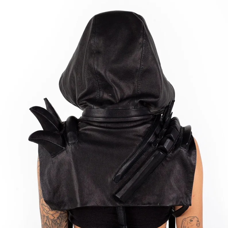 Sole Defender Leather Hood with Spiked Epaulettes