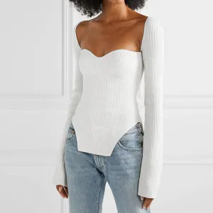 Sweetheart Neckline  Long Sleeve Ribbed Shirt Women's fashion Slim Fit Knit Top