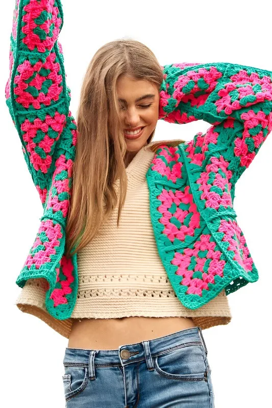 Two-Tone Floral Square Crochet Open Knit Cardigan