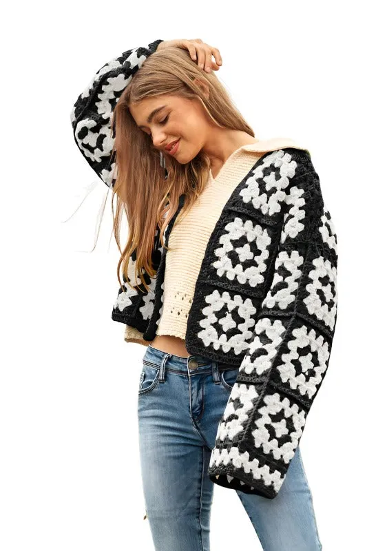 Two-Tone Floral Square Crochet Open Knit Cardigan